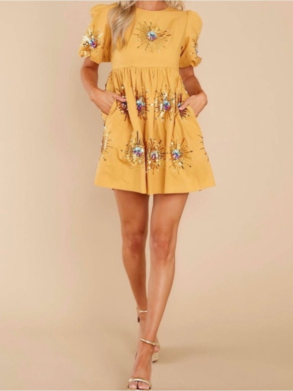 NWOT Queen of Sparkles mustard mini Dress w gold sequin appliqués & puffy sleeve